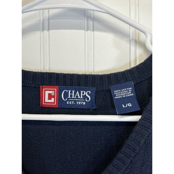 Chaps Logo Mens V Neck Sweater Vest Large Navy Blue Cotton Ribbed Hem Pullover - Picture 2 of 6